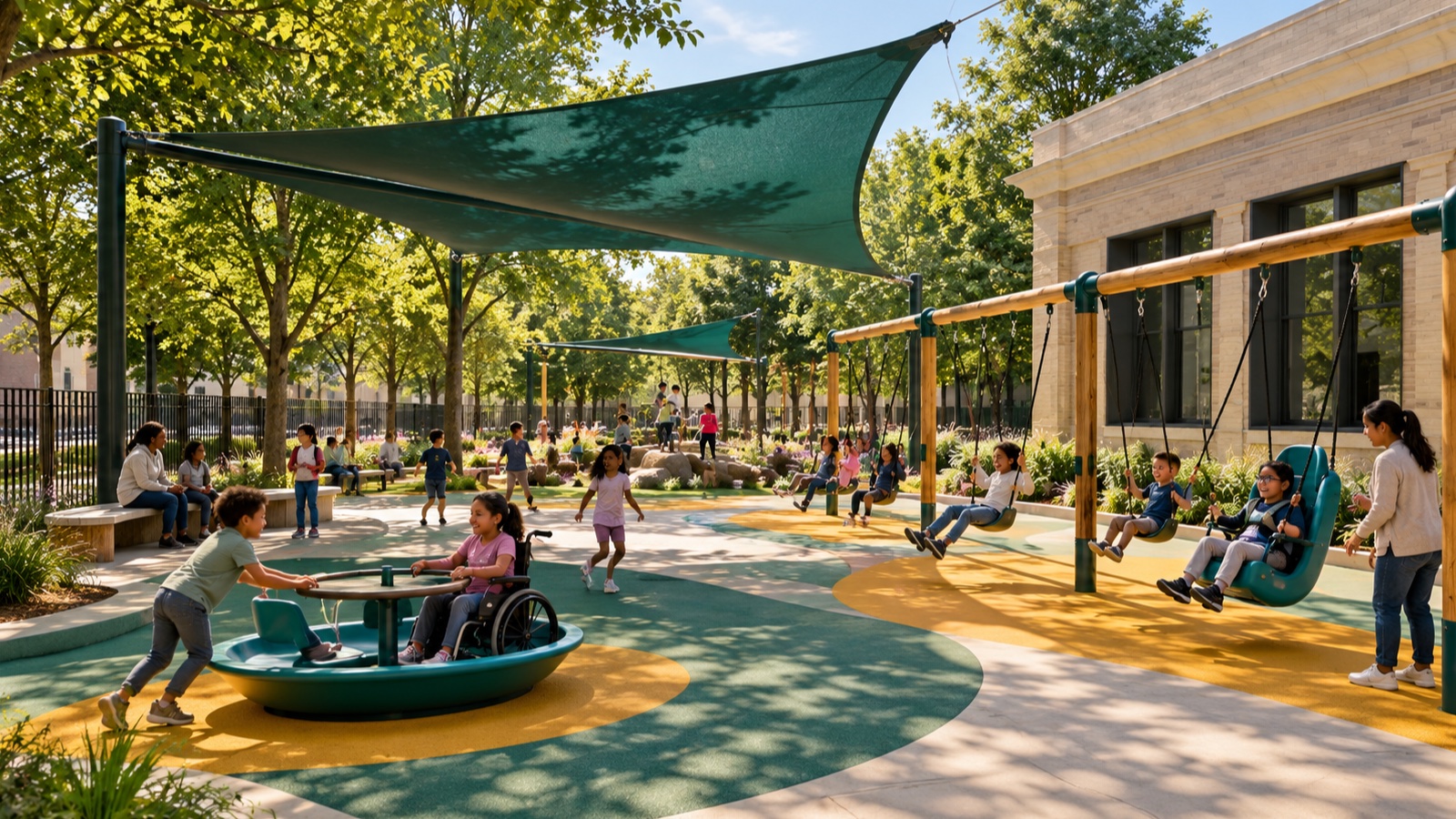 Concept illustration of swings, an inclusive spinner, and a shaded movement loop at Tubman