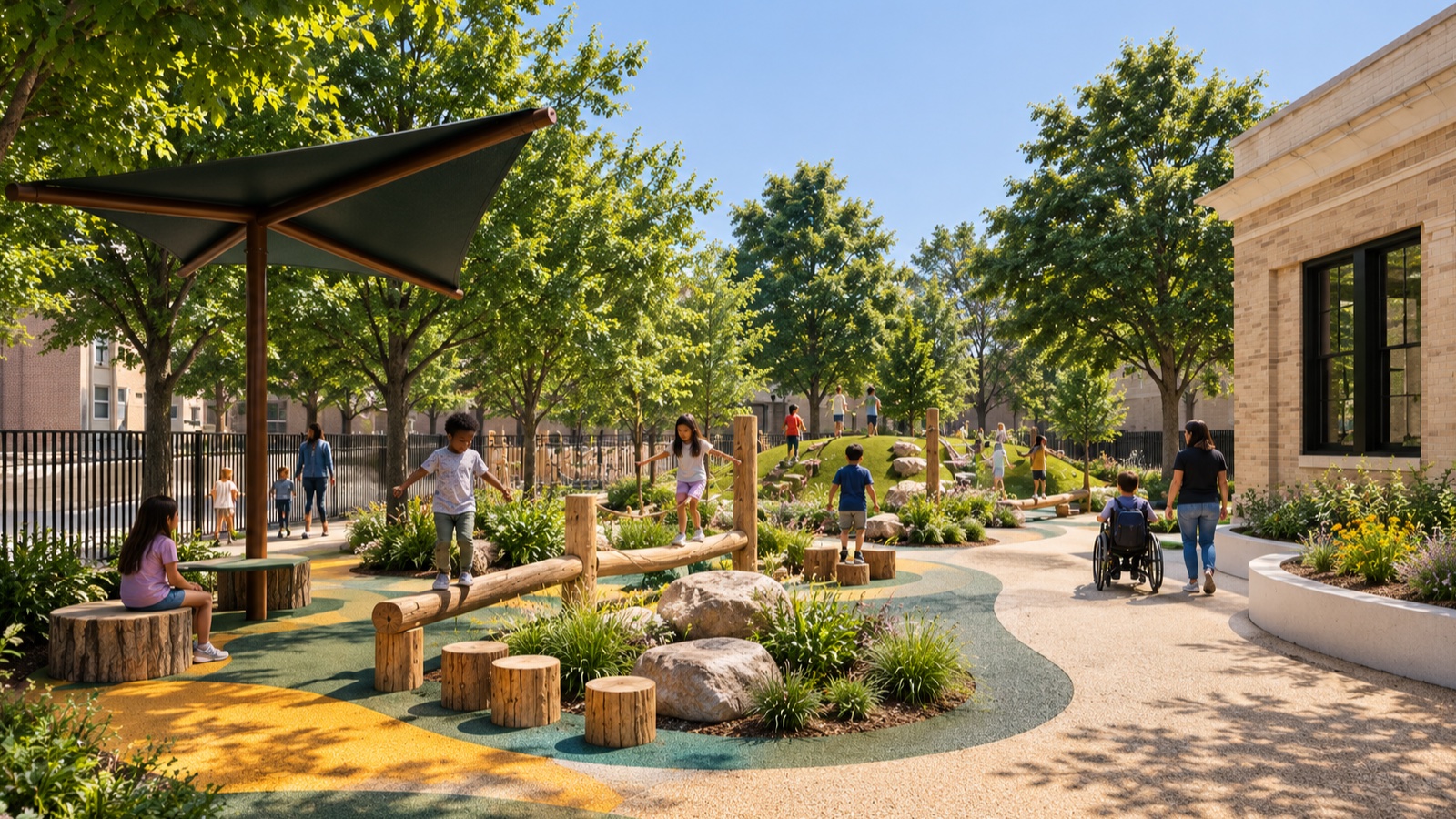 Concept illustration of a timber, rope, boulder, and planted nature-play trail at Tubman