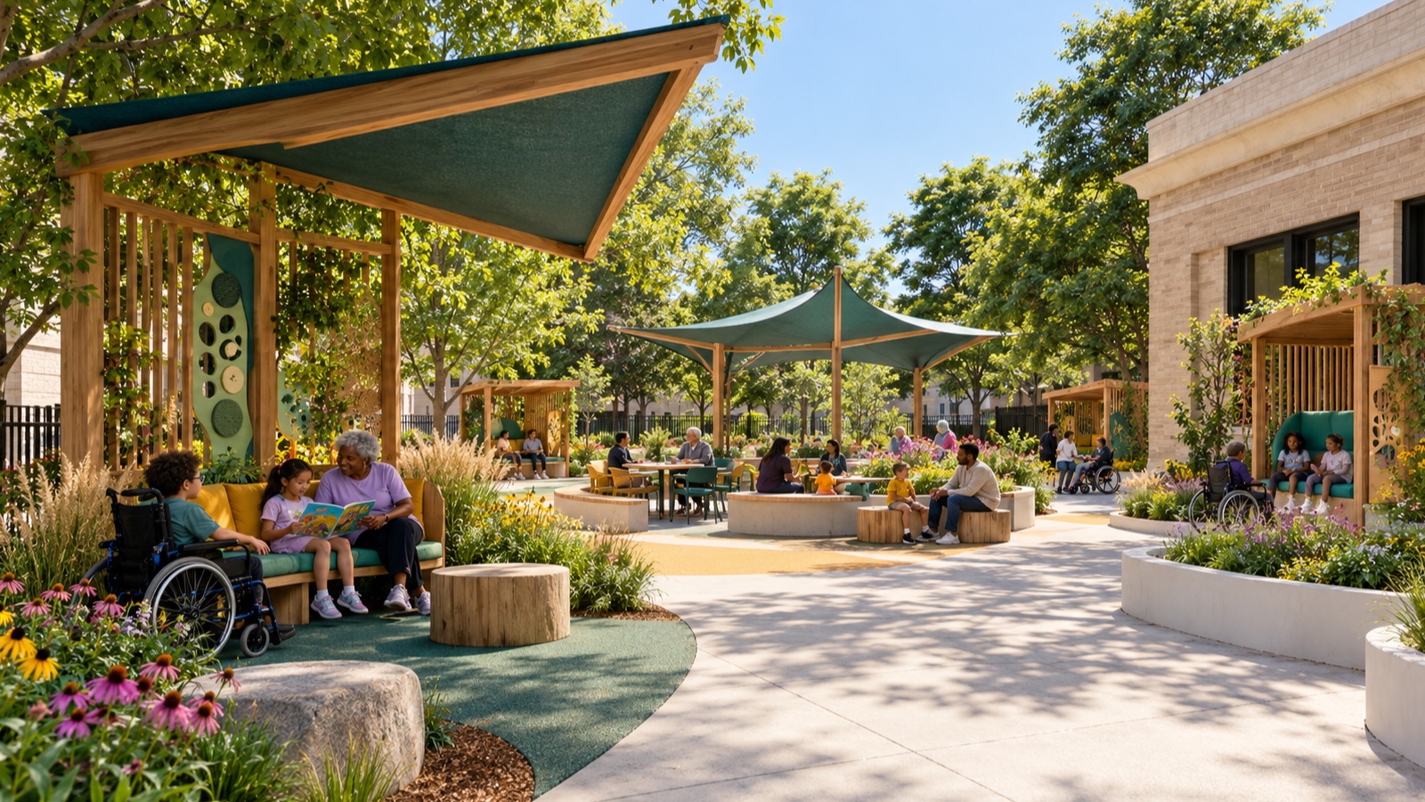 Concept illustration of a quiet planted nook beside a shared gathering space at Tubman