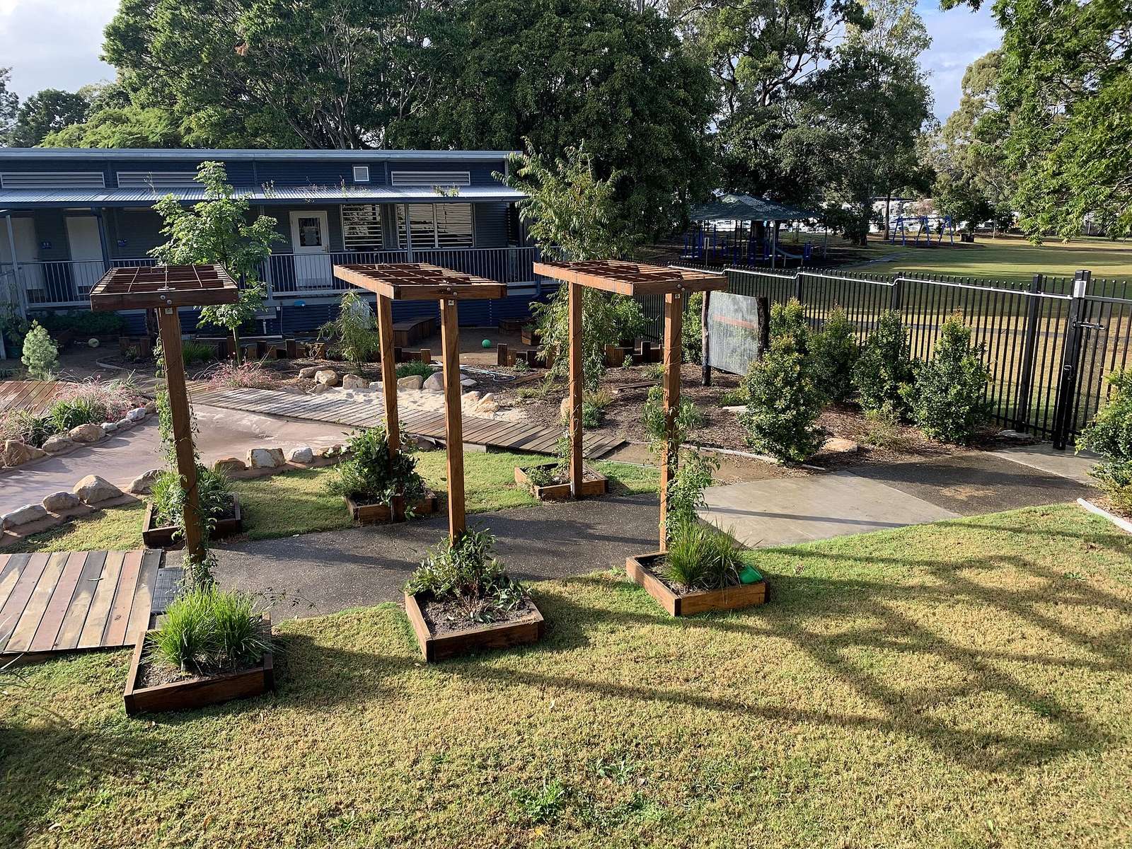 Geebung Special School outdoor classroom: planted pergolas and sensory garden