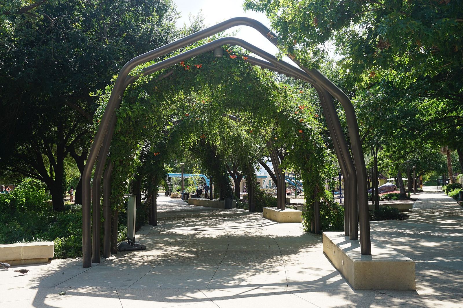 Yanaguana Garden: vine-covered arbor with low seating walls