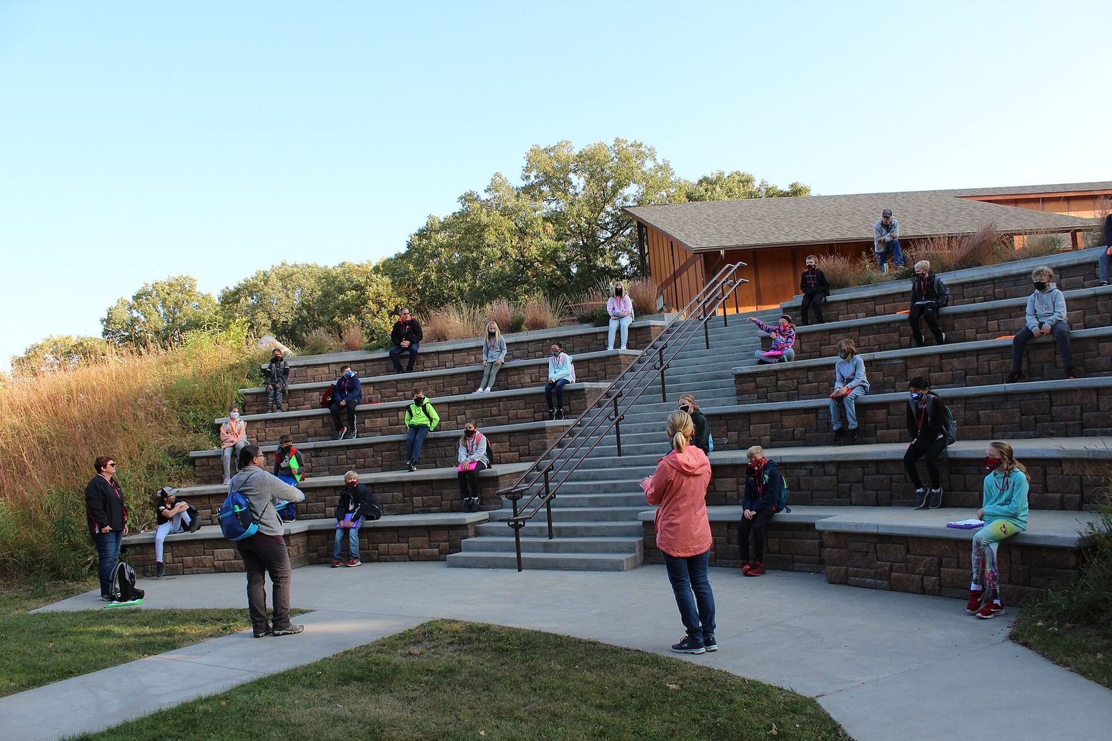 White Horse Hill outdoor classroom: tiered stone seating for a school group