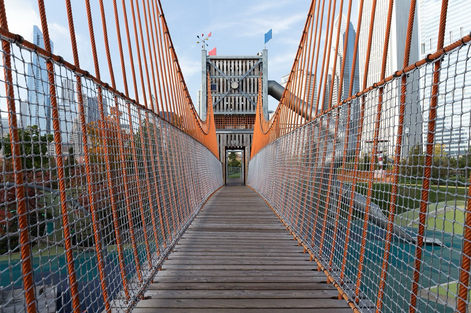 Maggie Daley Park Play Garden, rope bridge deck between two towers