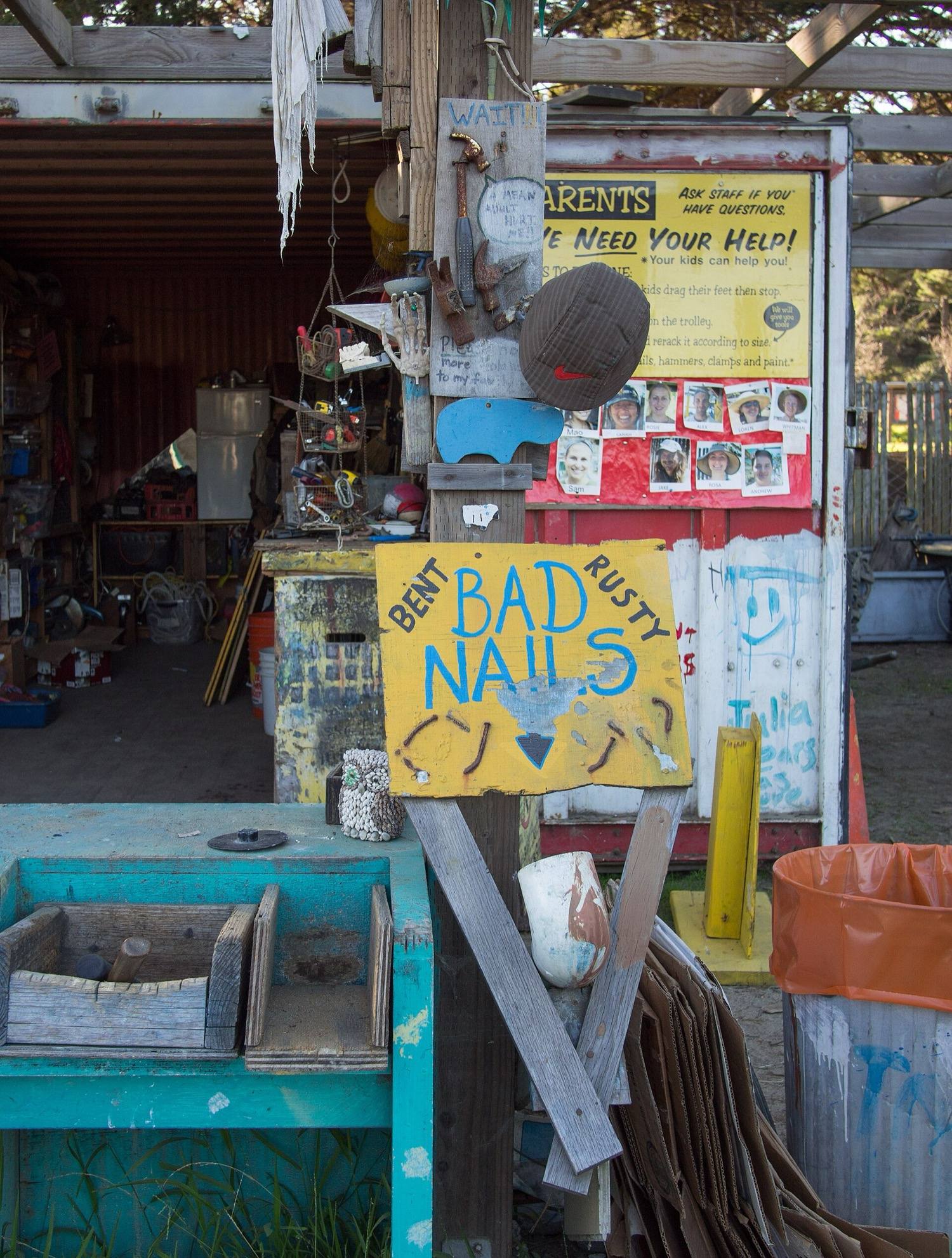 Adventure Playground, Berkeley: workshop store with nails and supplies signs
