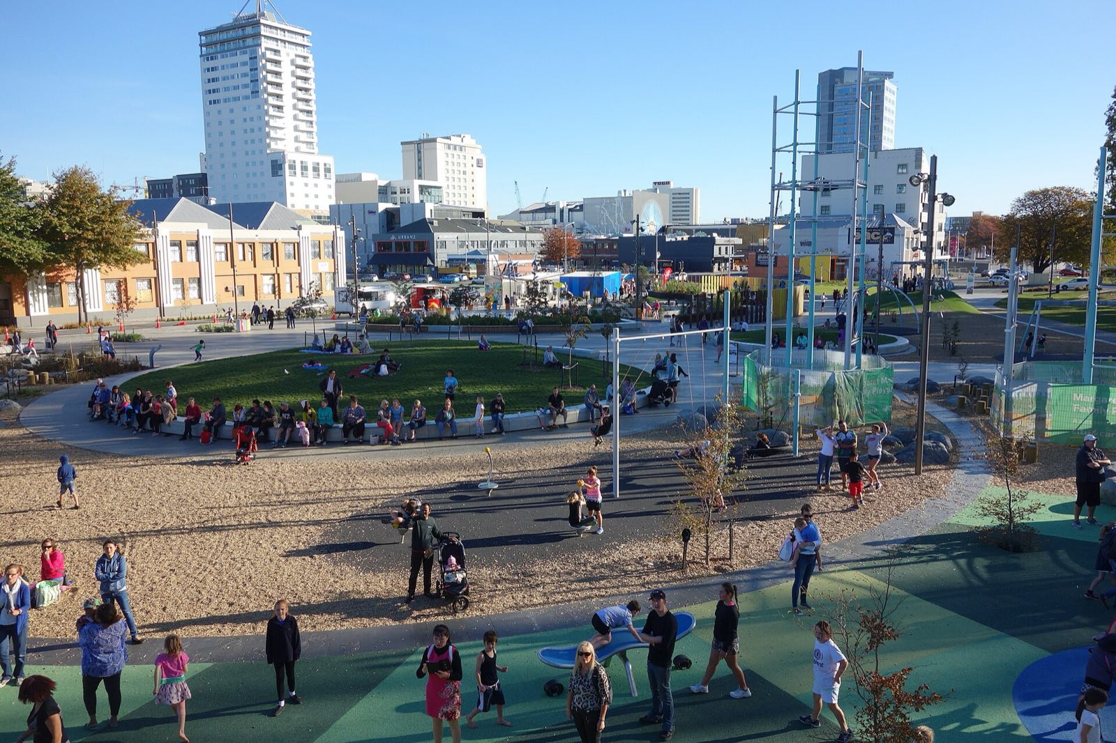 Margaret Mahy Family Playground: swing frame, spinners, rope towers and lawn