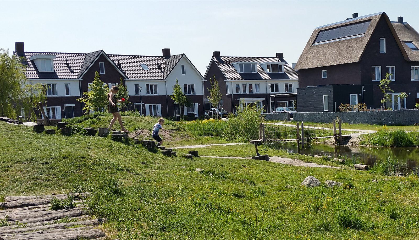 Boszoom, Pijnacker: stump steps up a grass mound beside a pond