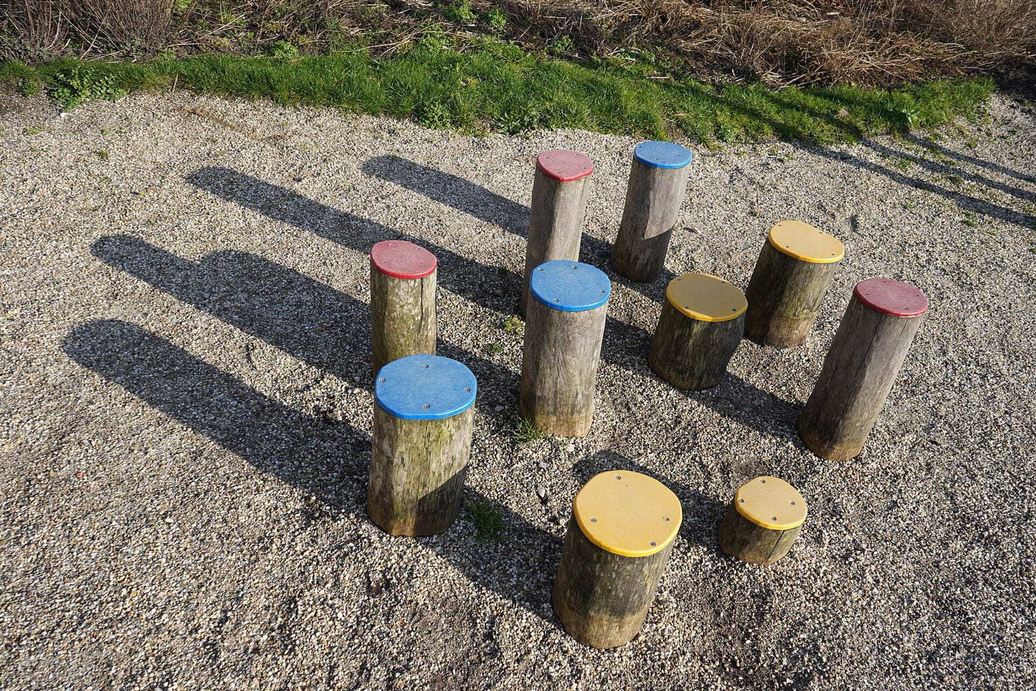 Group of upright log stumps at graduated heights, Leiden
