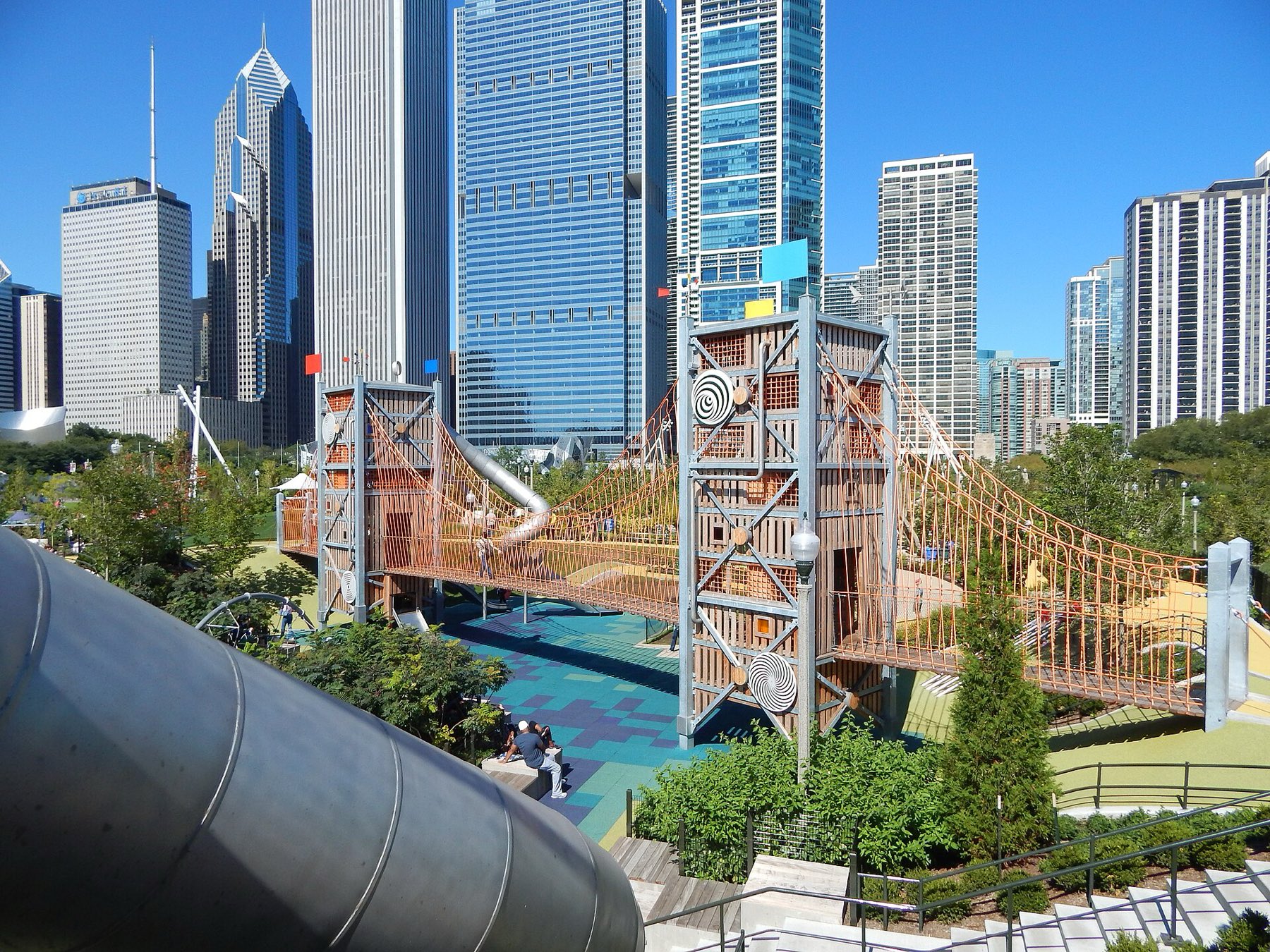 Maggie Daley Park Play Garden, rope bridge and slide tower